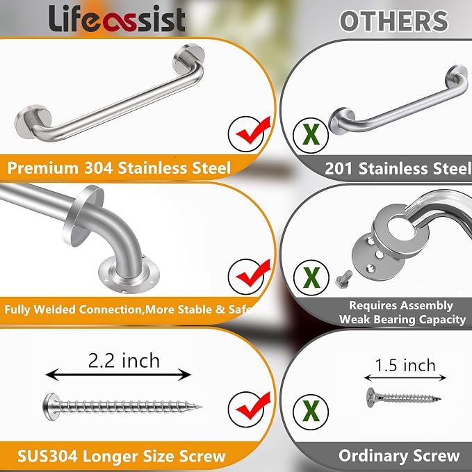 2 Pack 24 inch Grab Bars for Shower 1.25 inch ADA Safety Grab Bars for Bathroom 500 lbs Support 304 Stainless Steel Shower Handle Brushed Nickel