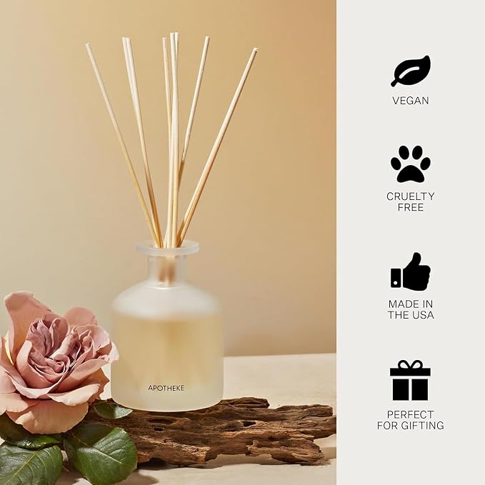 Apotheke Luxury Scented Reed Diffuser for Home, Santal Rock Rose - 6.7 Fl Oz Essential Oil Aromatherapy - 10 Rattan Scent Sticks Room Diffuser - Long-Lasting Fragrance for Bedroom, Home, Bathroom