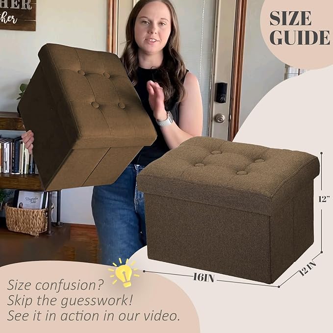 LINMAGCO Ottoman Storage Ottoman with Storage Small Foot Rest Stool Under Desk Stool Short Folding Footrest Linen Cloth Brown 16X12X12IN