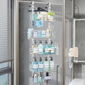 Consumest Over The Door Shower Caddy - 5 Tier Adjustable Shower Organizer Hanging with 2 Toothbrush Holders & 4 Hooks, Rustproof Organizer Shelf, Storage Rack for Bathroom, Silver
