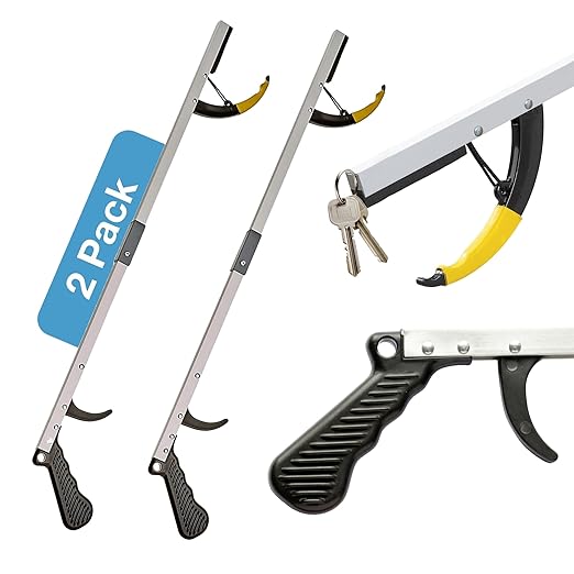 Sammons Preston Reacher, 26" Lightweight Grabber Reacher Tool with Magnetic Tip, Ergonomic Grip & Claw Jaw, Portable Reaching Aid for Seniors, Daily Living & Home Use, Standard Silver, Folding, 2 pack