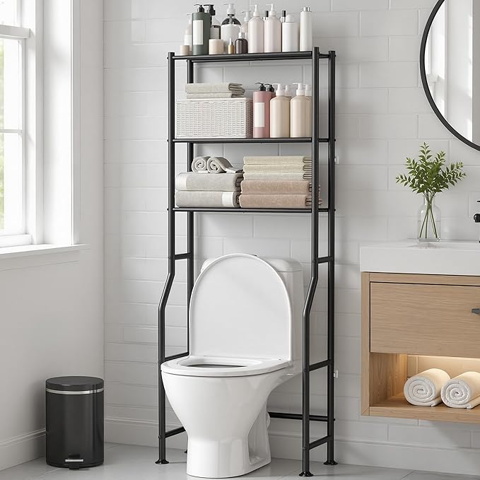 GloTika 3-Tier Over Toilet Storage Rack, Metal Over Toilet Bathroom Organizer Shelf, Freestanding Space Saver Storage Shelves for Bathroom/Laundry/Living Room (Black)