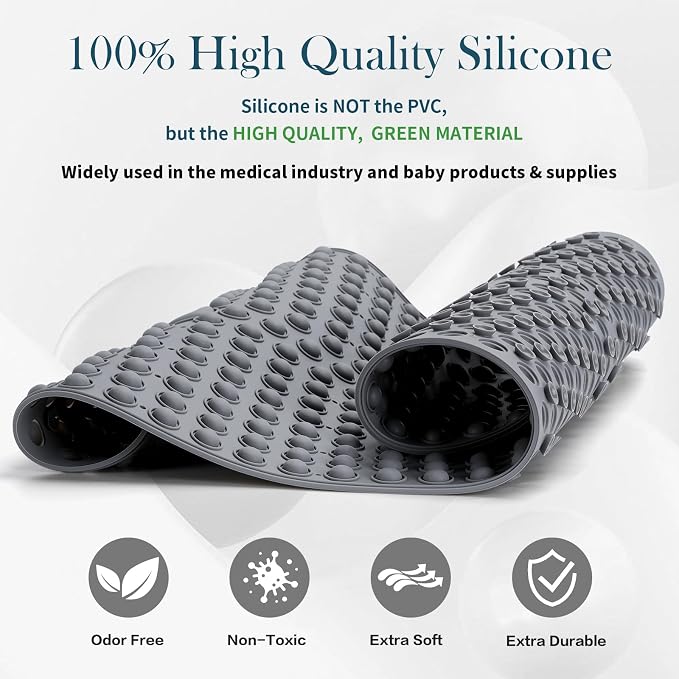Extra Large Shower Mat 33x17.3 - Non Slip Silicone Bath Mat for Walk in Shower or Garden Tub, Oversized Bubble Pop It Bathroom Floor Mat for Seniors, Heavy Duty Quick Dry, Dark Grey