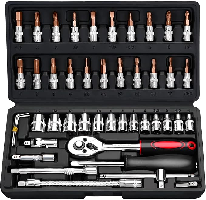 46 PCS Socket Wrench Set, Mechanic Tool Kit Quick-release Ratchet, 1/4" Drive Bit Metric Combination Tools for Auto Repairing & Household with Storage Case