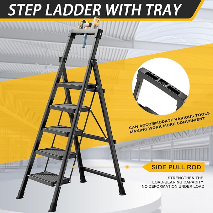 8 Step Ladder,Folding Step Stool with Tool Tray,Portable Sturdy Steel Ladder with Anti-Slip Pedal,Lightweight,Convenient Work Platform,Sturdy Carbon Steel Step Ladder for Adult,Garden,Garage