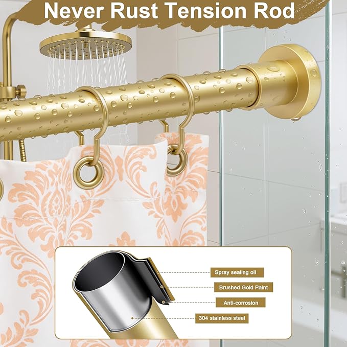 YNL Gold Shower Curtain Rod 32-94 Inch(2.7-7.8ft), Non-Slip, Never Rust, Stainless Steel No Drill Spring Tension Shower Rod, Adjustable Long Curtain Rod for Bathroom Window Patio