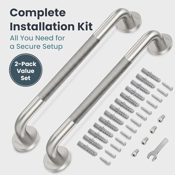 PELEGON Grab Bars for Shower 2-Pack 16 Inch - Stainless Steel Shower Grab Bars for Seniors - Bathroom Safety Handle Non-Slip Grip Rust Resistant Wall Mounted Support Bar for Bathtub Shower - Silver