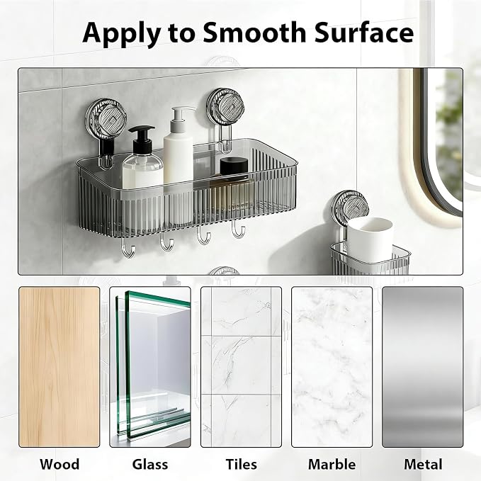 3 Pack Suction Cup Shower Caddy, Black Shower Shelves No Drilling with Movable Hooks & Toothbrush Holder, Wall Storage Shelves for Bathroom, Kitchen