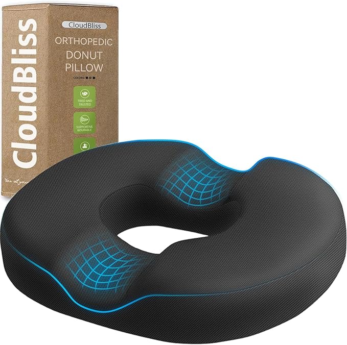 CloudBliss Donut Pillow Stadium Seat Cushion for Tailbone Pain Relief and Hemorrhoids, Memory Foam Seat Chair Cushion, Portable Seat Cushions for Bleachers, Car, Home & Office