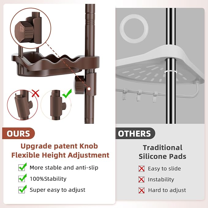 XLHOMO 32-122inch Corner Shower Caddy Tension Pole Brown, Rustproof Drill-Free Shower Shelves for Bathroom Bathtub Washbasin, Adjustable Shower Organizer with 4 Tier Patent Stable Shelves & Towel Bars