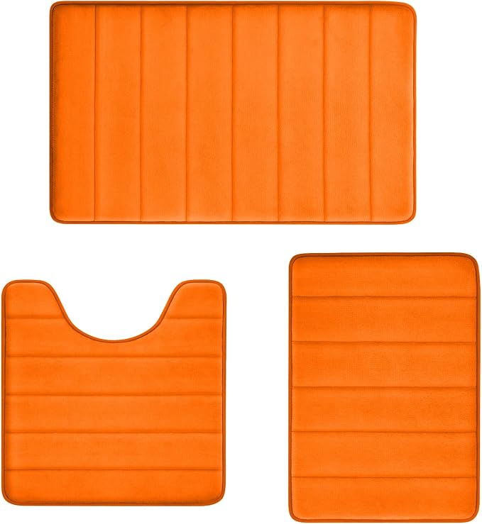 Orange Bathroom Rugs Extra Soft Memory Foam Bath Mat Sets 3 Piece Non Slip Absorbent & Dry Living Mat Sets Washable Bath Carpets with Toilet Rug,Bath Rugs for Bathroom,Tub,Shower,Kitchen,Bedroom