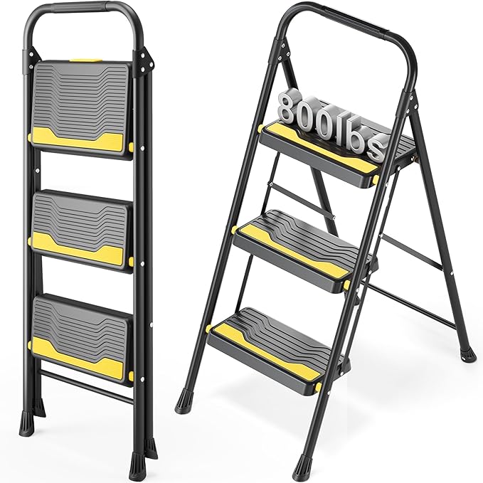 Urackify 3 Step Ladder, Heavy-Duty 800lb Capacity, Wide Anti-Slip Steps & Secure Handrail Compact, Folding Step Stool Portable Design for Home, Kitchen, Office, Pantry, Closet Use, Black