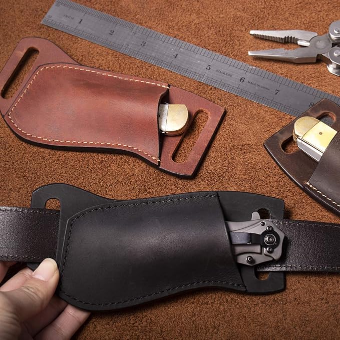 Gentlestache Leather Pocket Knife Sheath for Belt, Folding Knife Holster, EDC Belt Sheath, Compact Draw Black