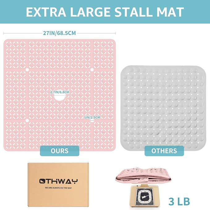 OTHWAY Square Shower Mat, 27"x 27" Extra Large Shower Mats for Inside Shower, TPE Anti Slip Shower mat with Suction Cups Drain Holes, Machine Washable Shower Floor Mat (Light Pink)