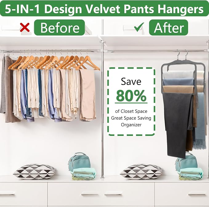 Closet Organizers and Storage,Pants Hangers Space Saving,Velvet Hanger for Organization and Storage,Dorm Room Essentials for College Students Girls,Home Organization Scarf Jeans Hangers-2 Pack