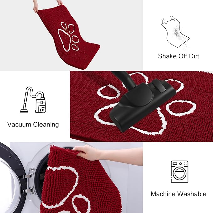 Smiry Dog Door Mat for Muddy Paws, Absorbent Dirt Trapper Non Slip Quick Dry Washable Chenille Mat for Mud Dogs, Entry Rug for Indoor and Outdoor (48x30 Inches, Red and White)