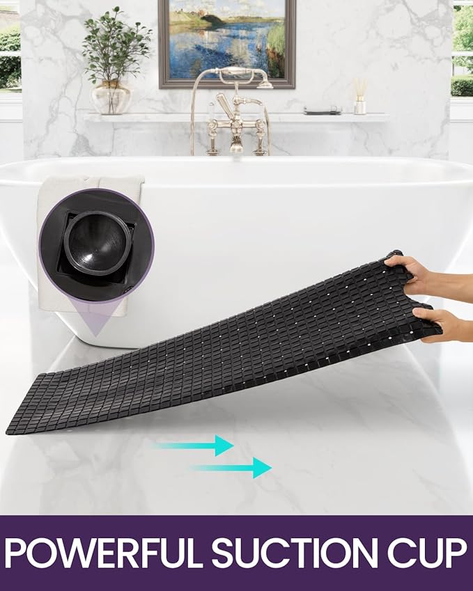 DEXI Bathtub Mat Non Slip, Extra Long 39x16, Suction Cups, Drain Holes, Machine Washable for Tub Shower Floor, Black
