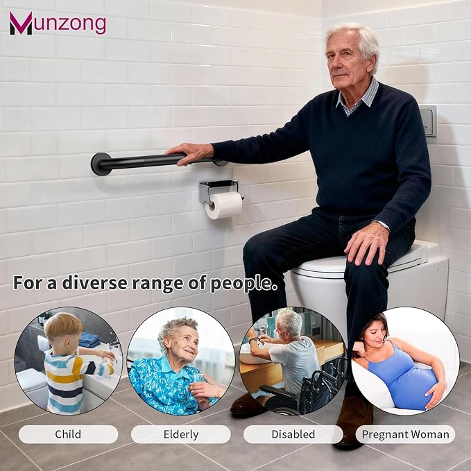 3 Pack Bathroom Grab Bar for Commercial, Munzong 18" 36" 42" Black Shower Grab Bar Bundle,1.25" Diameter Handicap Balance Bar,Anti Slip Safety Hand Rail for Elderly Injury Senior Assist Bath Handle