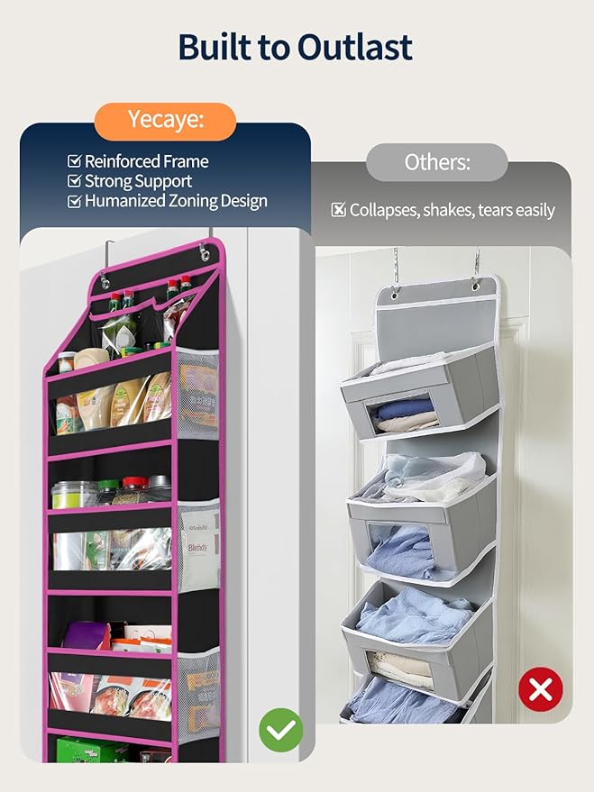 Yecaye 5 Tier 1Pc Over the Door Organizer, Stuffed Animal Storage with Clear PVC Windows, Door Organizer Hanging for Bedroom Nursery Closet Dorm Room Laundry Pantry Bathroom, Black and Pink, 1 Pack