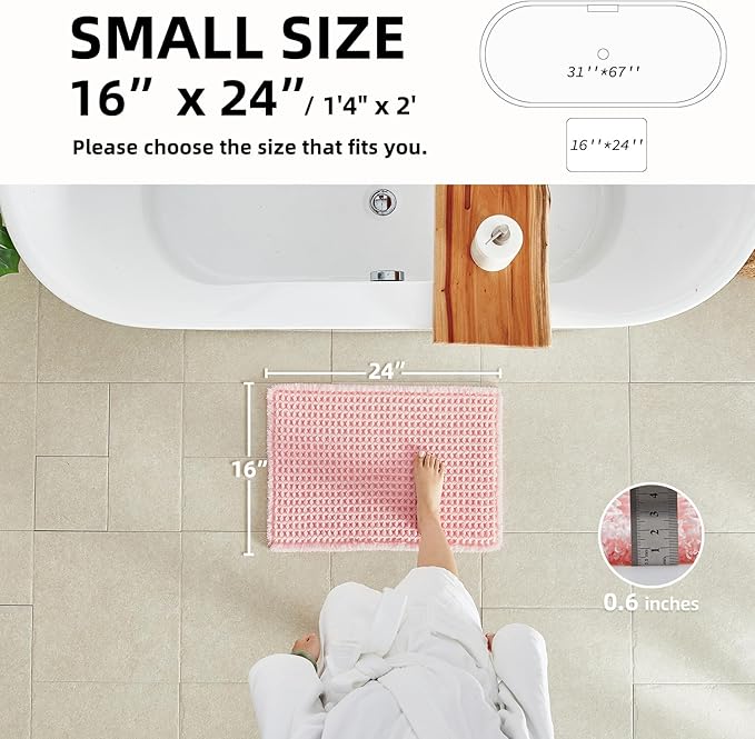 TYUU Light Peachy Pink Bathroom Rugs, Waffle Bath Mat Non Slip Washable Quick Dry Cute Bath Mat Boho Farmhouse Bathroom Decor, 24"x16" Light Peachy Pink