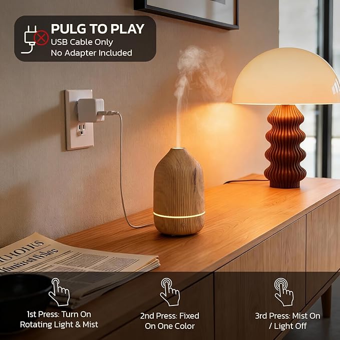 Essential Oil Diffuser, 100ml Aromatherapy Diffuser, Mini Ultrasonic Diffuser for Essential Oil, Home, Office, Cool Mist Humidifier with 7 Led Light, Auto Shut-Off, Wood Grain