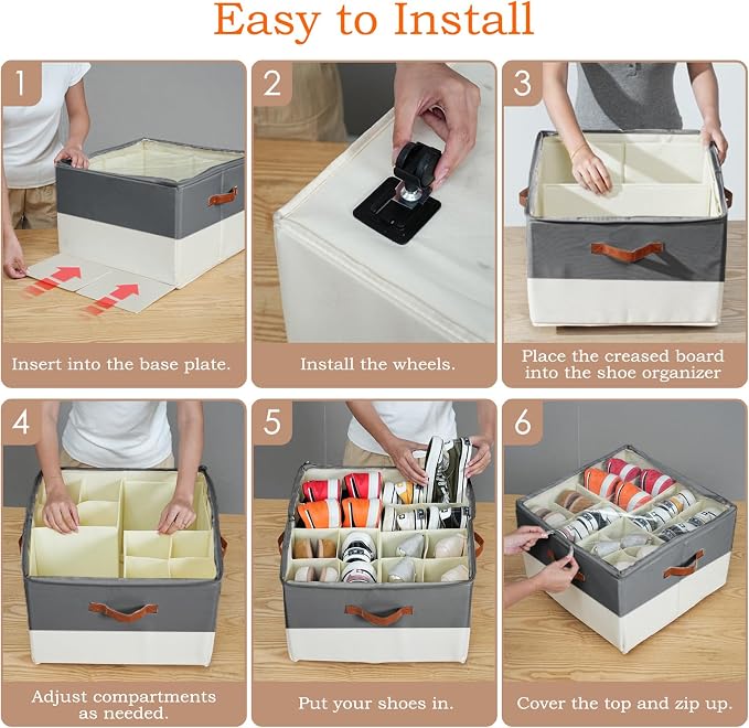 Shoe Organizer for Closet, Shoe Storage Organizer with Wheels and Adjustable Divider, Stackable Shoe Storage Box with Clear Cover, Foldable Closet Shoe Organizer Fits up to 16-32 Pairs, Gray and Beige