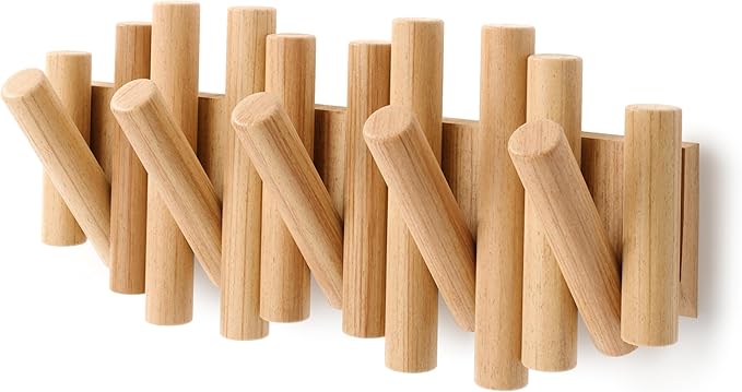 Umbra Picket Wall-Mounted Coat Rack Rail Hook with 5 Retractable Wood Pegs – Modern, Space-Saving Storage Organizer, Natural (Pack of 3)