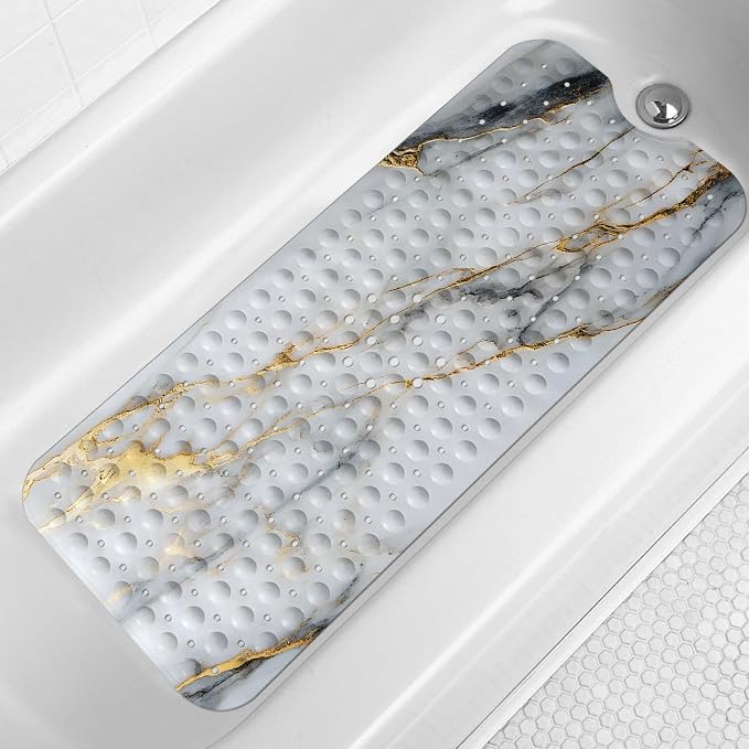 LNOND Marble Bath Tub Mat Non Slip, Extra Long 40 X 16 Inch Anti Slip Mat for Bathtub, White Gold Marble Shower Mat with Drain Holes and Suction Cups, Machine Washable