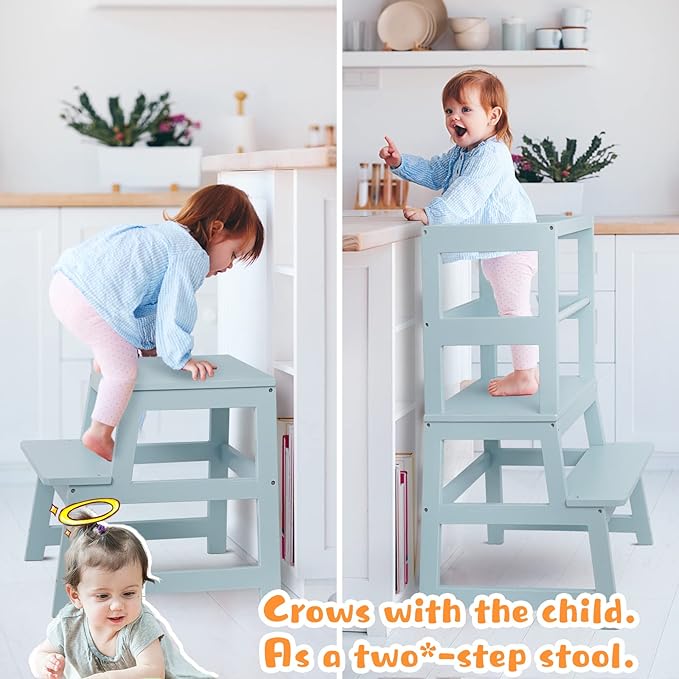 Kitchen Step Stool for Toddlers with Non-Slip Mat, WOOD CITY Wooden Kids Montessori Learning Stool Tower, Toddler Standing Tower Helper for Kitchen Counter and Bathroom Sink(Grey-Blue)