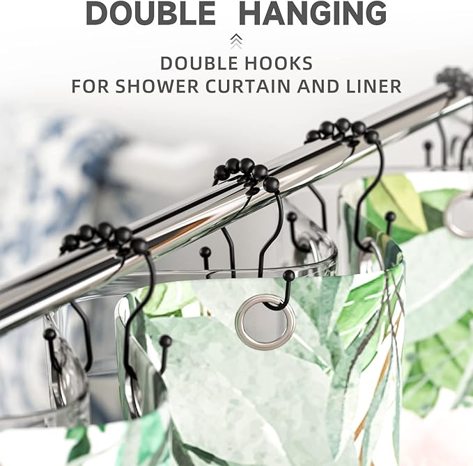 Bathway Shower Curtain Hooks Shower Curtain Rings Black Shower Curtain Hooks RustProof Smooth Metal Double Shower Curtain Hook, Shower Hooks for Shower Curtain Liner Bathroom Shower Rod Hook