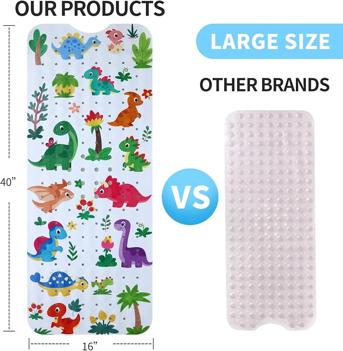 Baby Bath Mat for Tub Non Slip Kids Bathtub Mat Extra Long 40X16 Inch Toddler Bath Tub Shower Mat Anti Slip with Suction Cups & Drain Holes, Machine Washable (Forest Dinosaur)