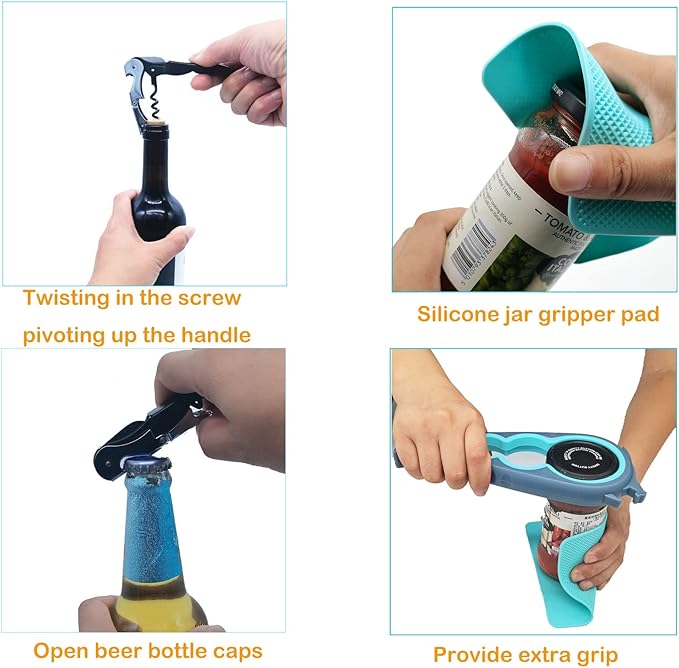 Otstar Jar Opener for Weak Hands，5 in 1 Bottle Opener for Seniors with Arthritis - Multifunctional Lid Remover Set, Includes Non-slip Rubber Jar Gripper Pad, Wine Opener (Blue and Grey)
