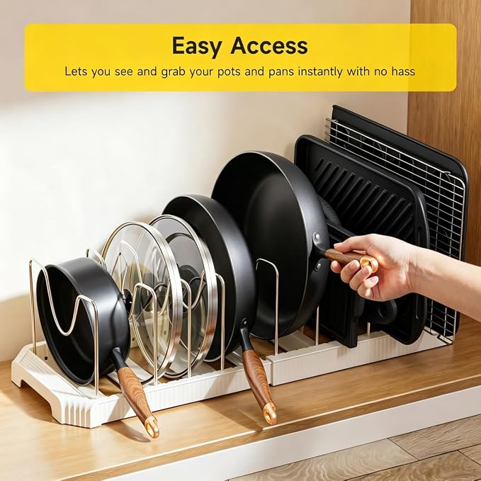 MUDEELA Pots and Pans Organizer under Cabinet, Pot Rack with Expandable Pot Lid Organizers Holder for 10 Adjustable Dividers, Pan Organizers inside Cabinet for Pan Lids, Cutting Boards, Baking Sheets