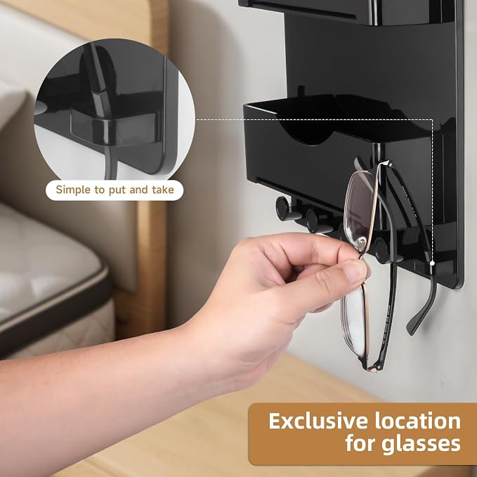 Bedside Wall Shelf with Glasses Hooks ，Adhesive Bedside Organizer Wall Mount for Dorm and Room Accessories Phone，Remote，Earphone， Kindle (Black)
