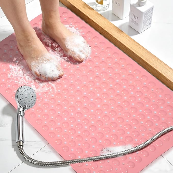 Large Shower Mat 21.5x33.5 Inch Pink, Soft Non Slip Shower Mats for Inside Shower with Big Suction Cups Drain Holes, Extra Large Bath Bathtub Mat Floor Stall Mats, BPA-Free, Easy Clean