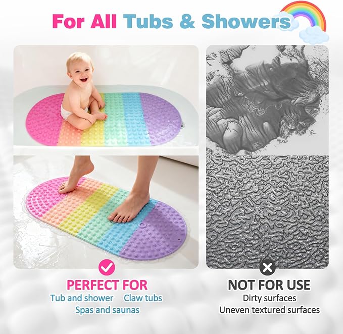 Silicone Push Pop Bath Mat – 33"x17.3" Extra Large Rainbow Bathtub Mat with 391 Suction Cups, CPC Certified Non-Slip Sensory Toy, Calming Stress Relief for Bath Time