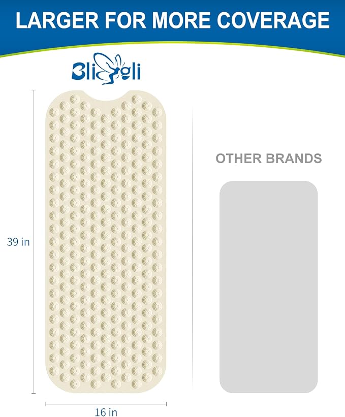Bligli Bathtub Mat Non-Slip Without Suction Cups, 39x16inch Extra Long Bath Mats for Shower Bathroom, Machine Washable Natural Rubber Shower Tub Mat (39x16inch, Beige)