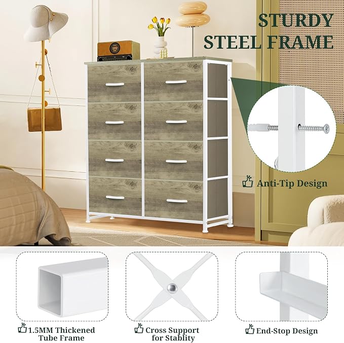8-Drawer Dresser for Bedroom, Anti-Tip Tall Storage Organizer Chest of Drawers with Wooden Top and Metal Frame Fabric Bins for Closet, Living Room, Hallway, Entryway, Greige Oak