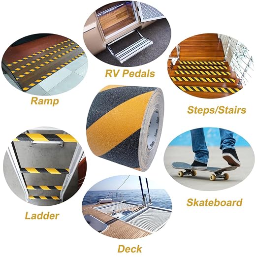 Anti Slip Safety Grip Tape 4 Inch x 60 Ft, Non Skid Tread for Stairs, Steps, Floors, Caution Dangerous Zones, Indoor and Outdoor Use (Yellow and Black)