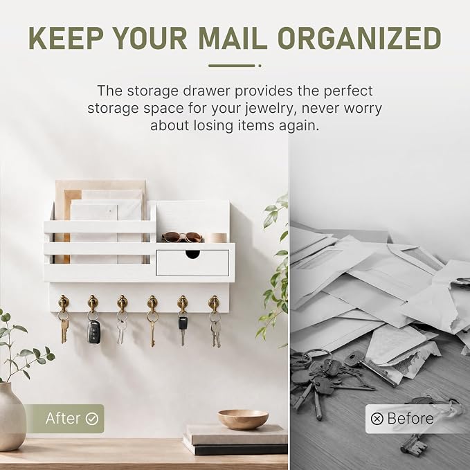 FifthQuarter Key Holder Wall Mount: Key and Mail Holder for Wall with 6 Hooks and Storage Drawer, Easy Installation Key Rack for Entryway Home Decor (A-White)