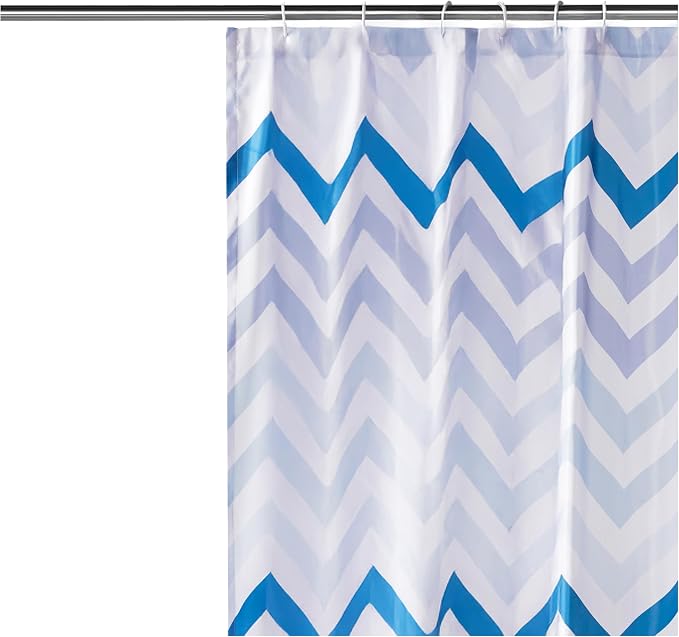 Amazon Basics Bathroom Shower Curtain, Water Resistant Fabric with Weighted Hem, Grommets & Hooks, Machine Washable, 72"x72", Blue Ombre Chevron