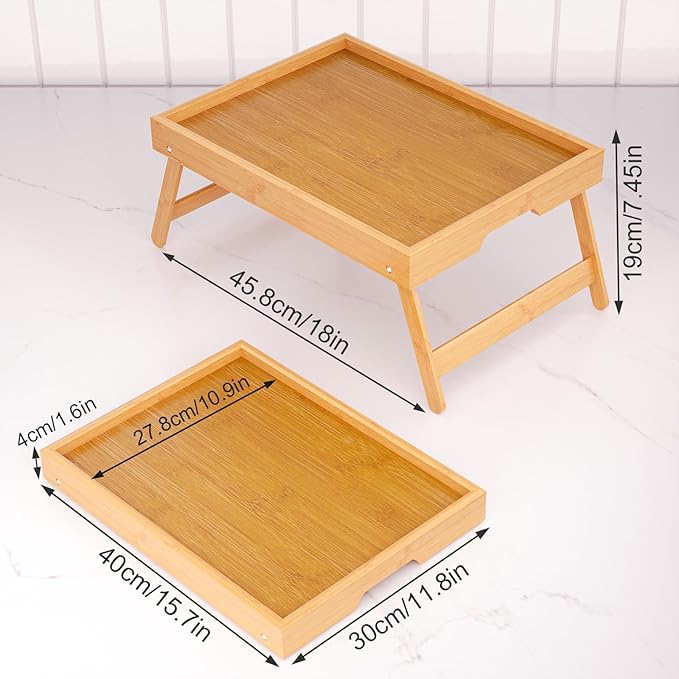 Fibogollo 4 Pack Bamboo Bed Tray Table with Folding Legs,Breakfast Trays,Serving Tray for Food and Snack,Laptop Trays for Working(Natural)