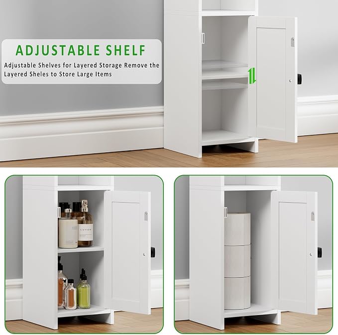 Lomojo Small Bathroom Storage Cabinet Corner, Floor Cabinet with Adjustable Shelves, Freestanding Narrow Bathroom Toilet Paper Organizers for Small Spaces, White