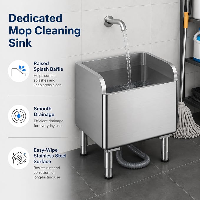 Stainless Steel Mop Sink, Freestanding Utility Basin with High Baffle, Drain Filter Basket and Adjustable Feet, Floor Mount Service Sink for Laundry Room, Garage, Restaurant, 17.7 x 16.1 x 21.7 in