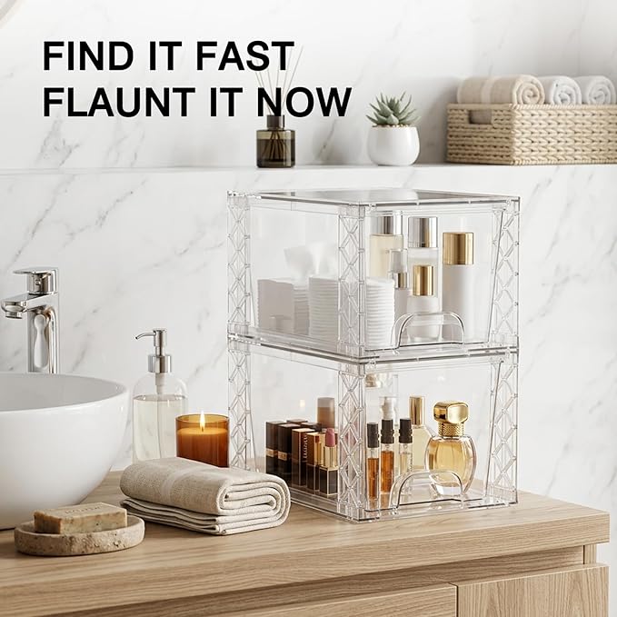 Bathroom Organizers and Storage Boxes 4pack, 7in Stackable Storage Drawers Plastic Simply Assembled Containers Bins Suitable for Cosmetics, Bathroom, Kitchen, Cabinets, and Snack Storage Boxes