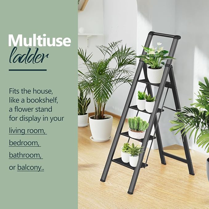 WOA WOA 4 Step Ladder, Ladders for Home, Anti-Slip Aluminum Pedals, Step Stool Foldable, Lightweight to Move, Ease of Storage, Reach 9ft for Closet Kitchen Library, Hold 300lbs - Black