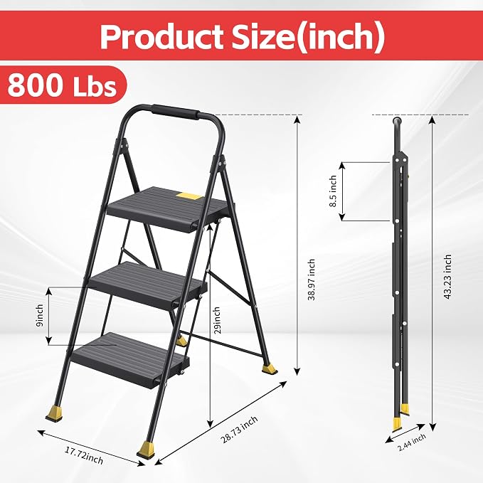 DIAMONDFORGE 3 Step Ladder Foldable Folding Stool - for Home Adults Kitchen, Iron, Black, Extension Tall Heavy Duty with Handrails - Closet Stepstool Extendable Stepladder for Indoor House 800 lbs