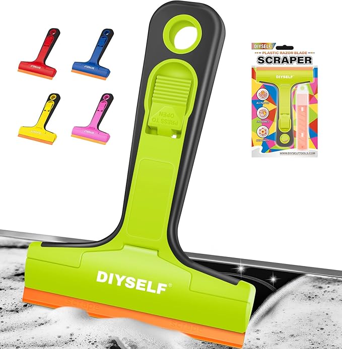 DIYSELF 1 Pack Plastic Razor Blade Scraper with 5 Pcs 4-Inch Plastic Razor Blades, Plastic Scraper Tool for Cleaning, Gasket and Decal Remover for Glass, Stovetop, Labels, Stickers & Paint Removal