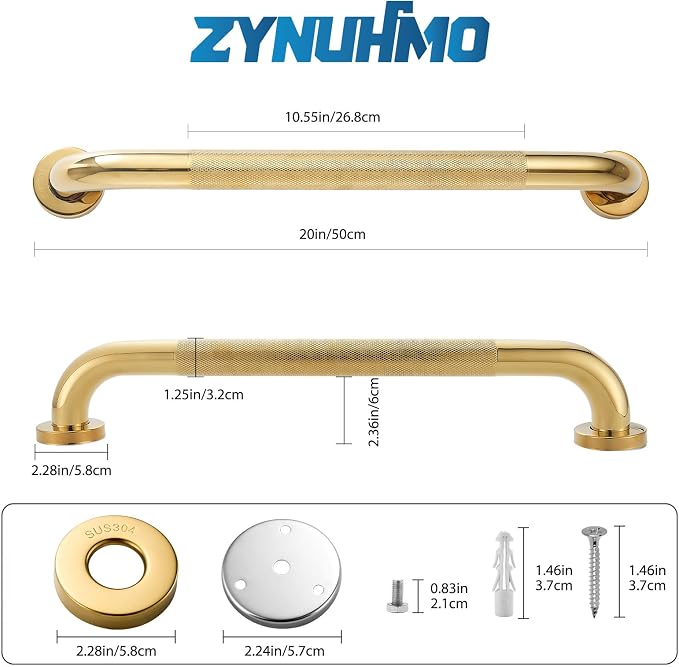Grab Bars for Shower, Zynuhmo 2 Pack 20 Inch Anti Slip Safety Grab Bar 1.25" Diameter Stainless Steel Shower Handrails for Handicap Injury Pregnant Senior Assist Bath Shower Handles(Titanium Gold)