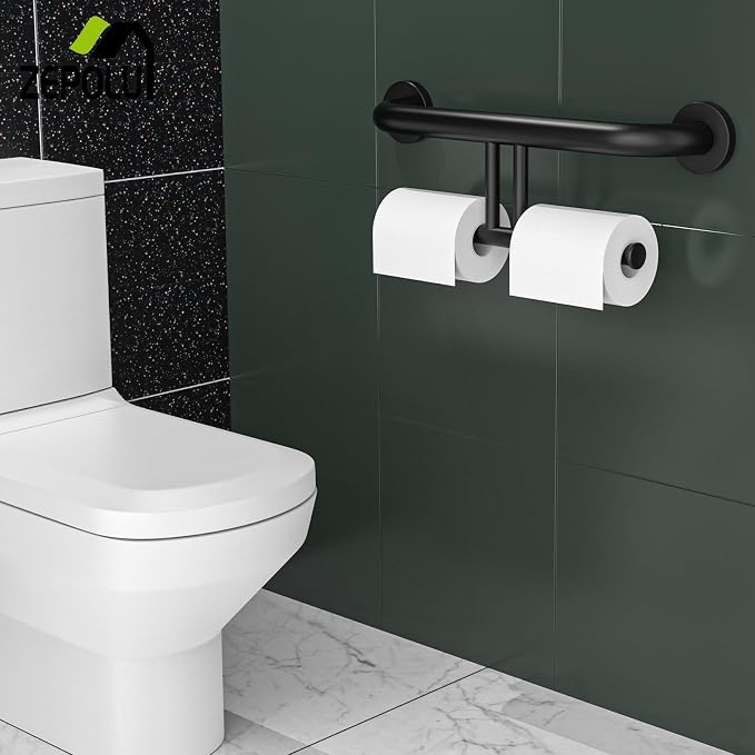 Black Handicap Grab Bar w/Toilet Paper Roll Holder, Zepolu 2-in-1 Safety Assist Bar Balanced Support Handle 17 Inch, Stainless Steel Wall Mounted Bathroom Toilet Grab Bar for Senior Elderly Disabled